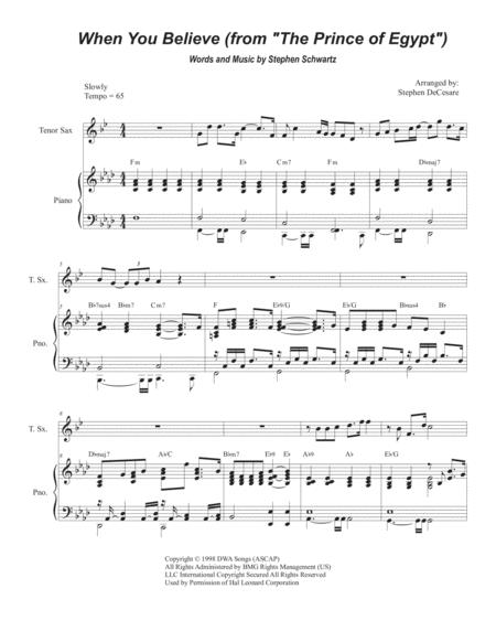 When You Believe For Tenor Saxophone And Piano Sheet Music