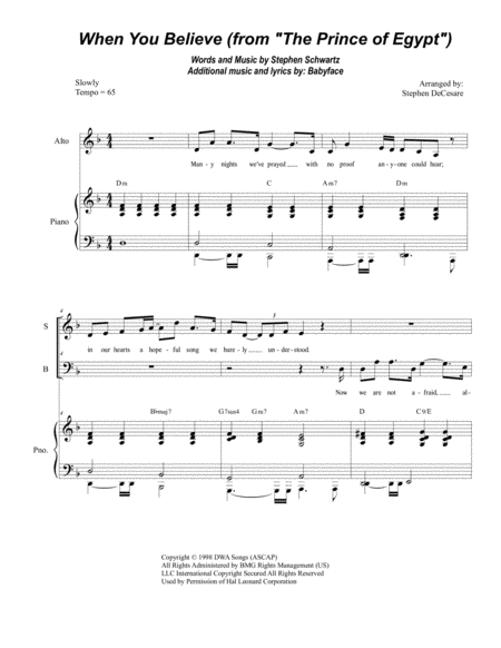 Free Sheet Music When You Believe From The Prince Of Egypt For Satb