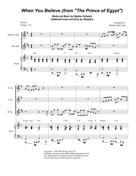 Free Sheet Music When You Believe From The Prince Of Egypt For Saxophone Quartet