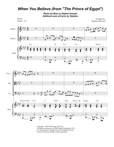 When You Believe From The Prince Of Egypt For String Quartet Sheet Music