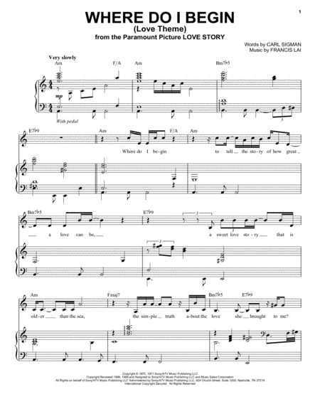 Free Sheet Music Where Do I Begin Love Theme