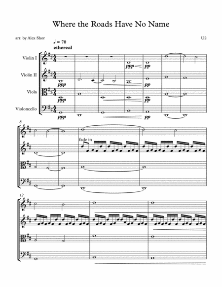 Free Sheet Music Where The Streets Have No Name String Quartet