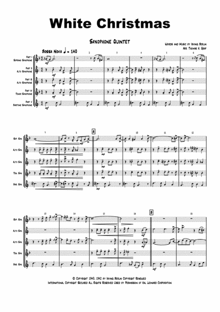 White Christmas Bossa Nova Saxophone Quintet Sheet Music