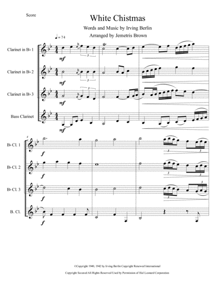 Free Sheet Music White Christmas Clarinet Quartet