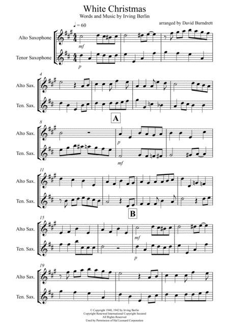 Free Sheet Music White Christmas For Alto And Tenor Saxophone Duet