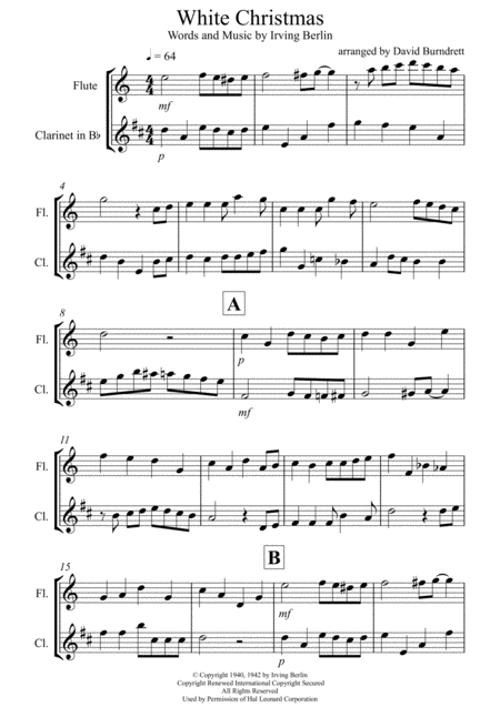 Free Sheet Music White Christmas For Flute And Clarinet Duet