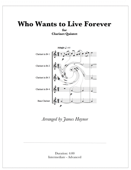 Who Wants To Live Forever For Clarinet Quintet Sheet Music