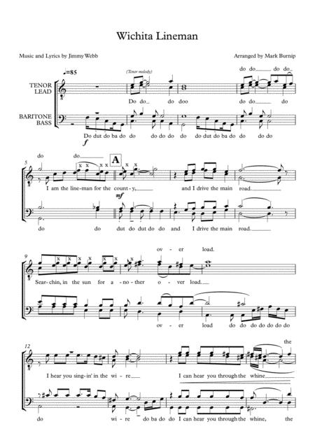 Wichita Lineman Barbershop Style Arrangement Sheet Music