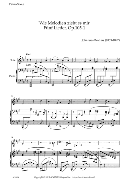 Free Sheet Music Wie Melodien Zieht Es Mir It Moves Like A Melody Op 105 1 For Flute Piano