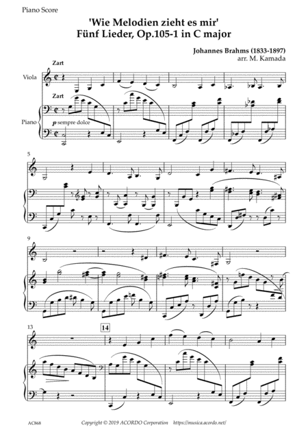 Free Sheet Music Wie Melodien Zieht Es Mir It Moves Like A Melody Op 105 1 In C Major For Viola Piano