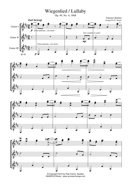 Wiegenlied Lullaby For Guitar Trio Sheet Music