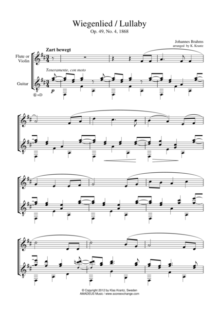 Wiegenlied Lullaby For Violin And Guitar Sheet Music