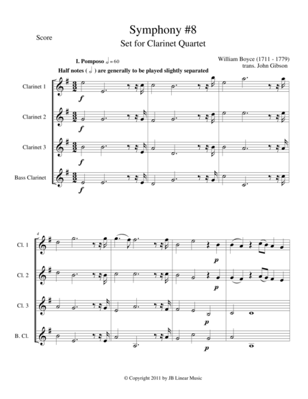 Free Sheet Music William Boyce Symphony 8 For Clarinet Quartet