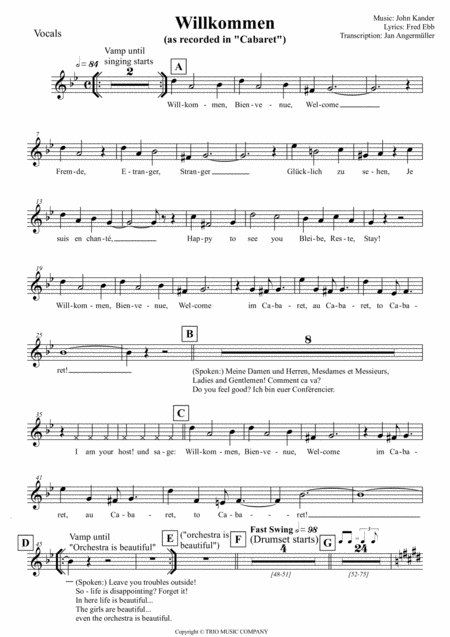 Willkommen From Cabaret Transcription Of The Original Vocal Part Sheet Music