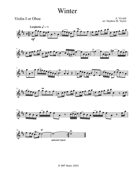 Winter By Vivaldi In D For Solo And String Quartet Sheet Music