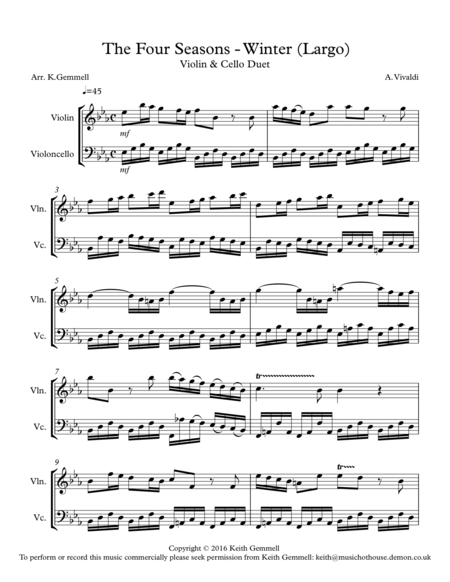 Winter Four Seasons Largo Violin Cello Duet Sheet Music