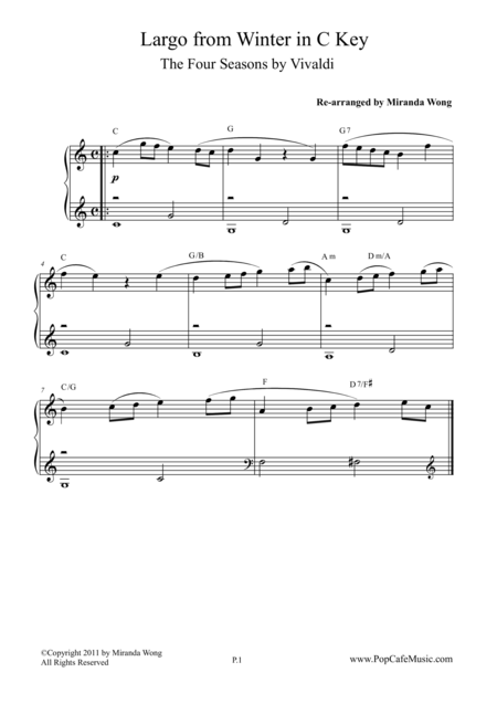 Winter From The Four Seasons In C Key Piano Solo Sheet Music