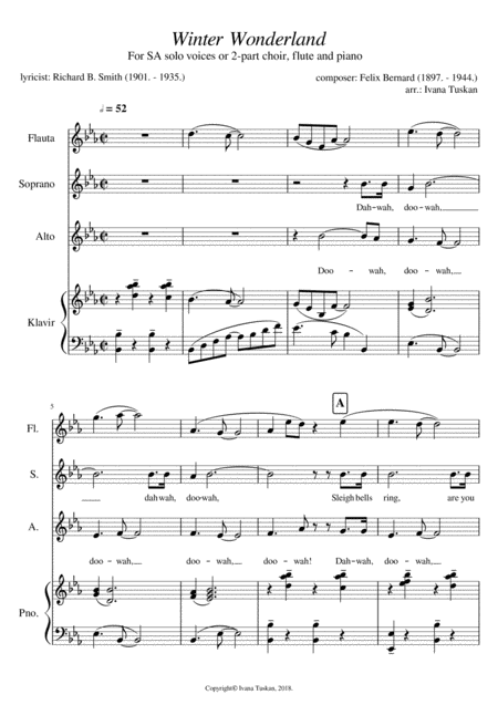 Free Sheet Music Winter Wonderland For Sa Solo Voices Or 2 Part Choir Flute And Piano