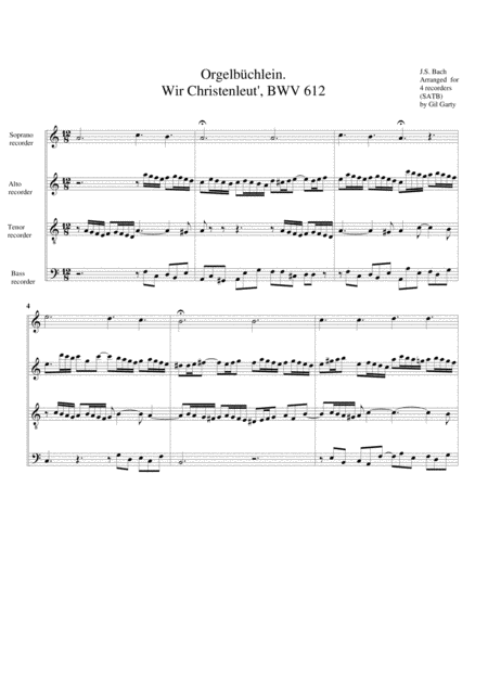 Wir Christenleut Bwv 612 From Orgelbuechlein Arrangement For 4 Recorders Sheet Music