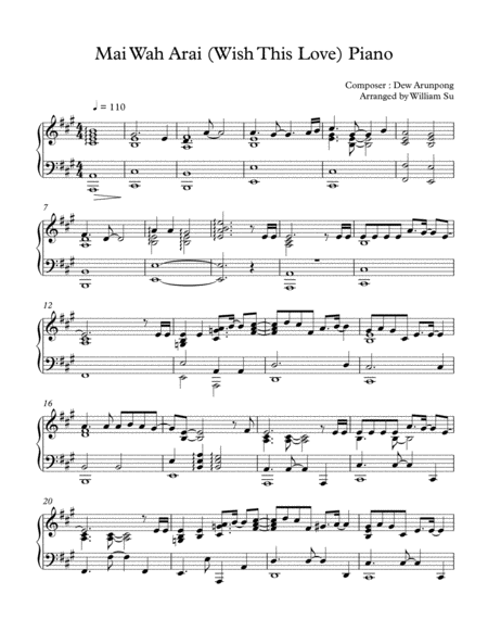 Wish This Love Dew Arunpong Piano Arrangement By William Su Sheet Music