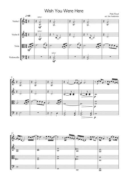 Free Sheet Music Wish You Were Here String Quartet