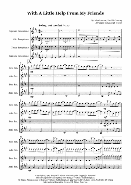 With A Little Help From My Friends By The Beatles Saxophone Quartet Satb Sheet Music