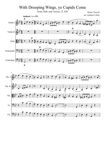 Free Sheet Music With Drooping Wings Ye Cupids Come For String Ensemble