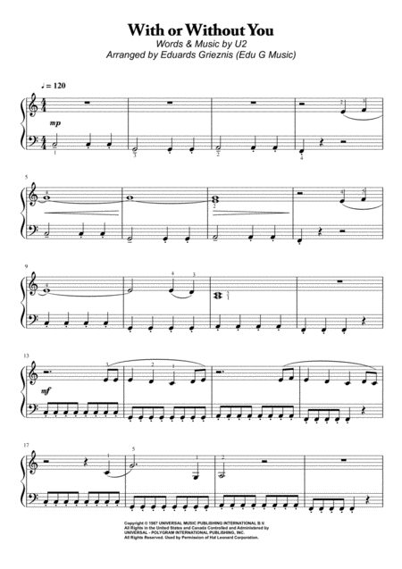 Free Sheet Music With Or Without You By U2 Easy Piano Arr