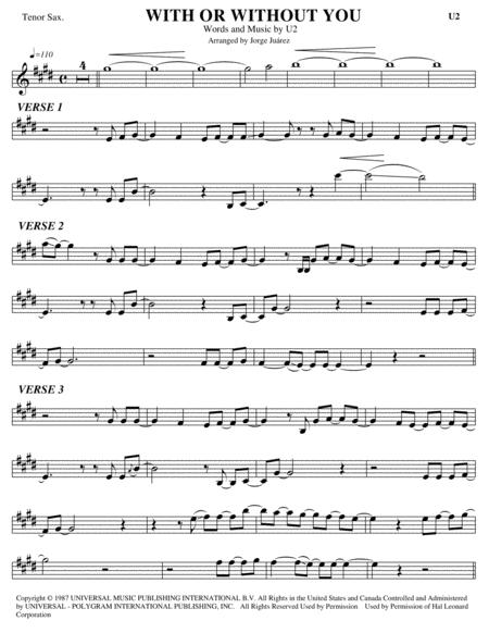 With Or Without You Tenor Sax Sheet Music