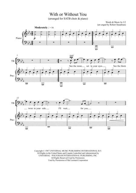 With Or Without You U2 Satb Choir Sheet Music