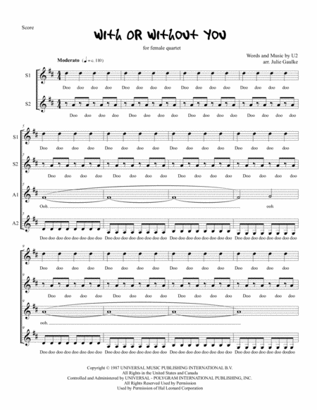 Free Sheet Music With Or Without You U2 Ssaa Female Quartet A Cappella