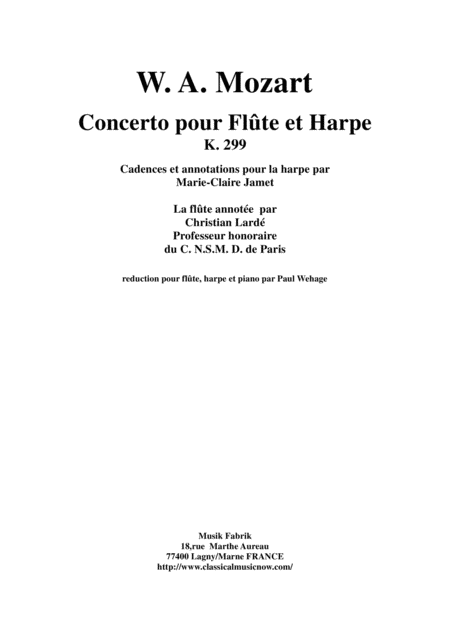 Free Sheet Music Wolfgang Amadeus Mozart Concerto For Flute And Harp K 299 Piano Reduction And Solo Parts