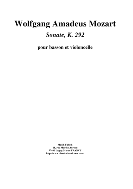 Wolfgang Amadeus Mozart Sonata In Bb K 292 For Bassoon And Cello Sheet Music