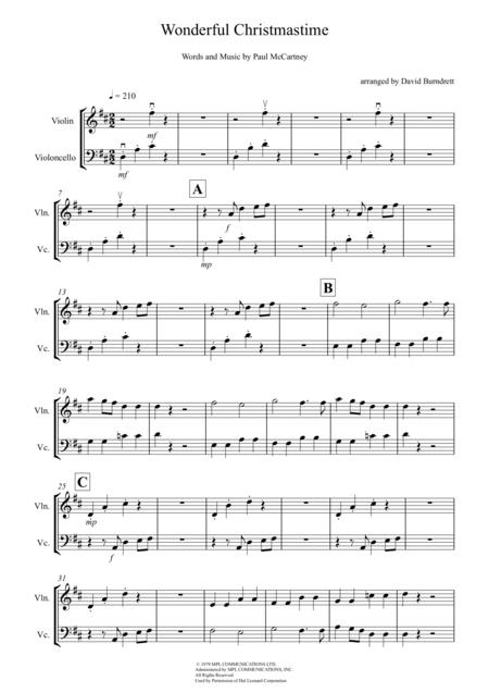 Wonderful Christmastime For Violin And Cello Duet Sheet Music