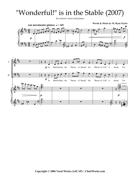 Wonderful Is In The Stable Christmas Carol Satb Choir Some Divisi And Piano 2007 Version Sheet Music