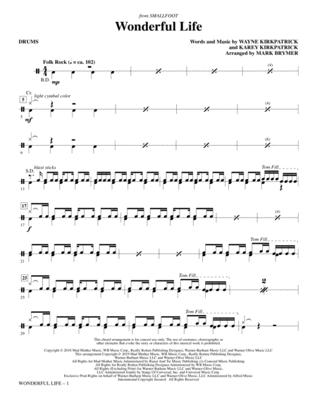 Wonderful Life From Smallfoot Arr Mark Brymer Drums Sheet Music