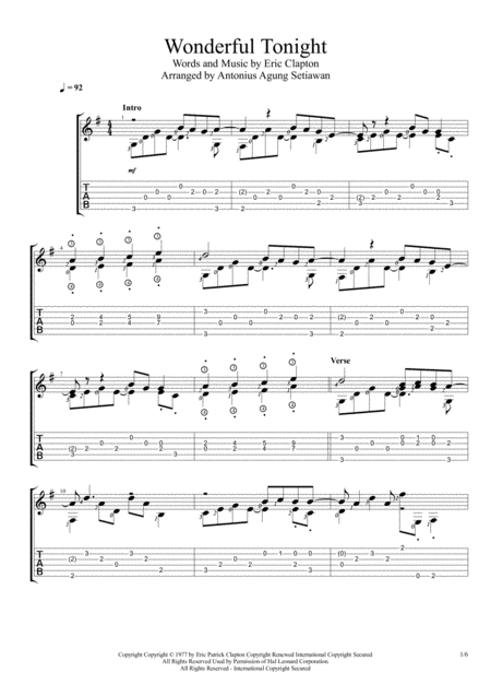 Wonderful Tonight Solo Guitar Tablature Sheet Music