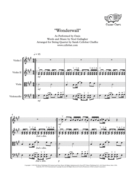 Wonderwall String Quartet Oasis Arr Cellobat Recording Available Sheet Music