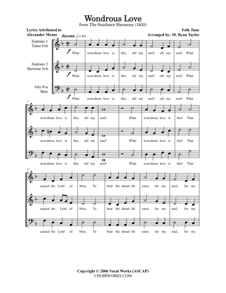 Free Sheet Music Wondrous Love Satb Acapella Choir With Divisi