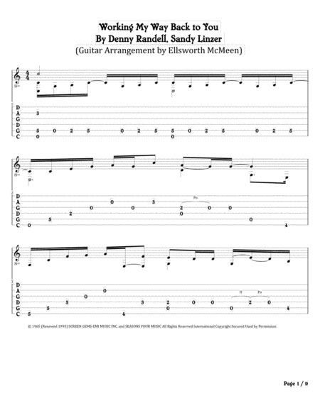 Working My Way Back To You For Fingerstyle Guitar Tuned Cgdgad Sheet Music