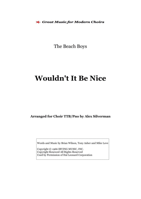 Wouldnt It Be Nice Beach Boys Easy Choir Tbb Pno Edition Sheet Music