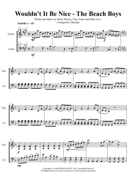 Free Sheet Music Wouldnt It Be Nice The Beach Boys Arranged For String Duet