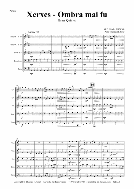 Free Sheet Music Xerxes Largo Ombra Mai Fu Brass Quintet