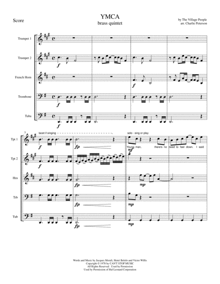 Y M C A For Brass Quintet Sheet Music