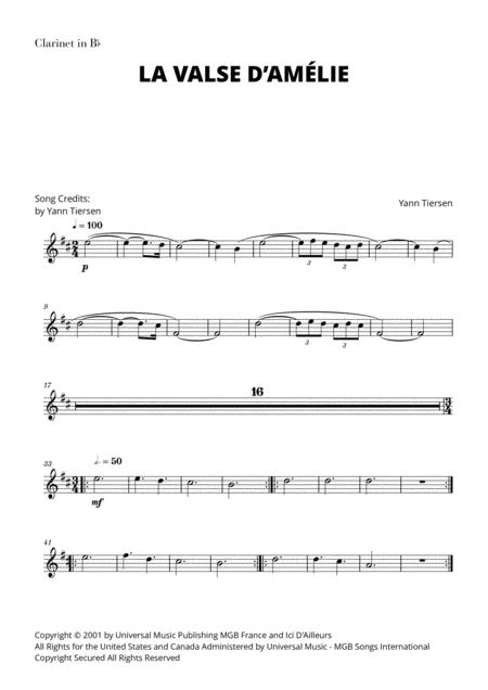 Free Sheet Music Yann Tiersen La Valse D Amlie For Clarinet In Bb