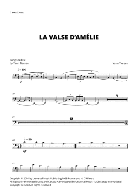 Free Sheet Music Yann Tiersen La Valse D Amlie For Trombone