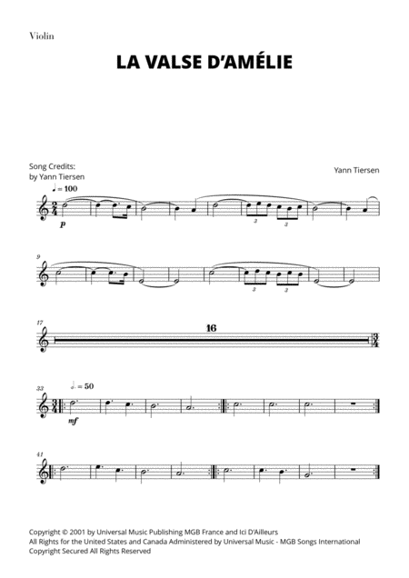 Free Sheet Music Yann Tiersen La Valse D Amlie For Violin