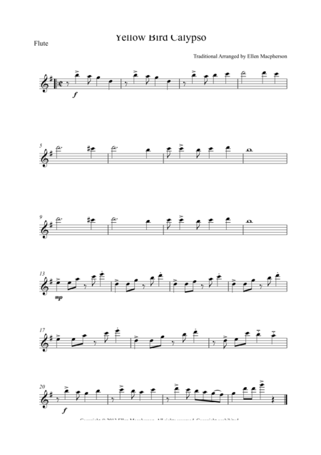 Free Sheet Music Yellow Bird Calypso