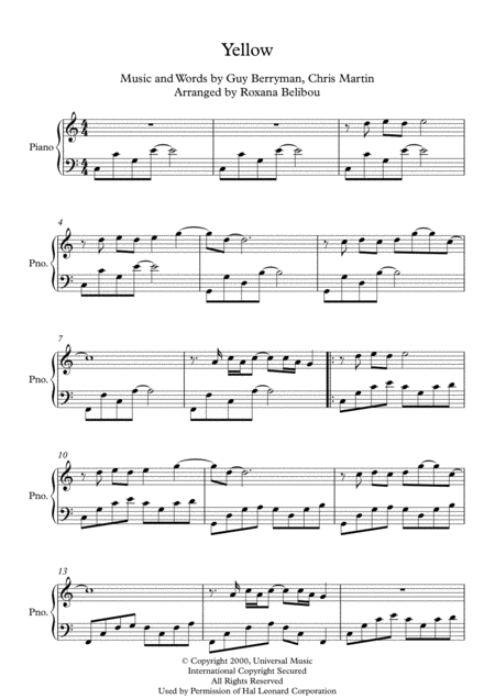 Yellow C Major By Coldplay Piano Sheet Music