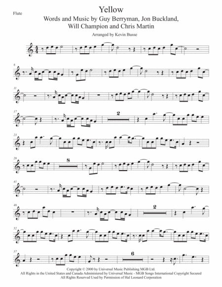 Yellow Easy Key Of C Flute Sheet Music